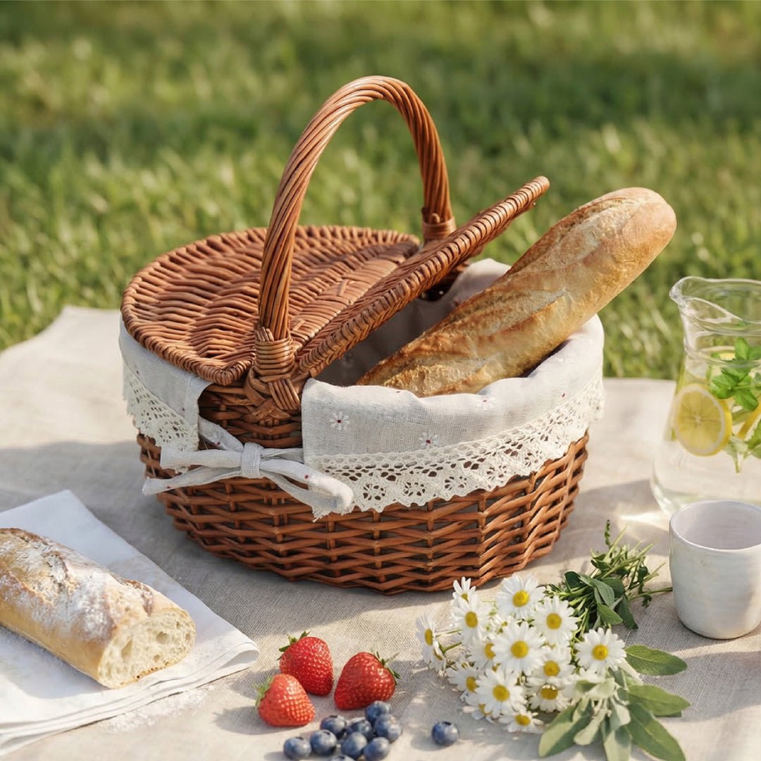 Women’s picnic basket with romantic checkered pattern and removable lining Stornfield