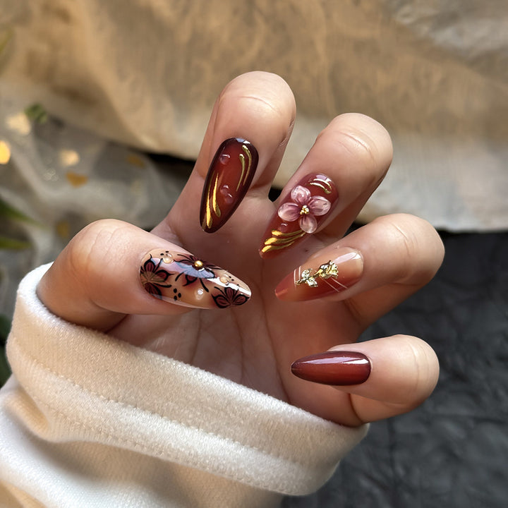 Artistic Floral and Gold Accent Press-On Nails Stornfield