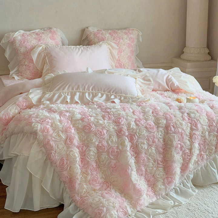 Romantic Three-Dimensional Rose Applique Floral Duvet Cover Set with Ruffled Shams