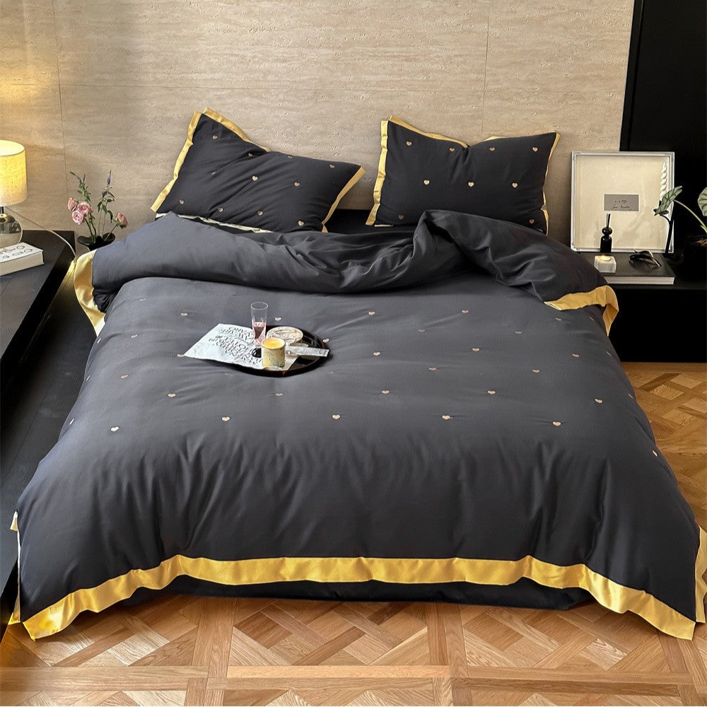 Heart-Embroidered Cotton Duvet Cover Set with Contrasting Border