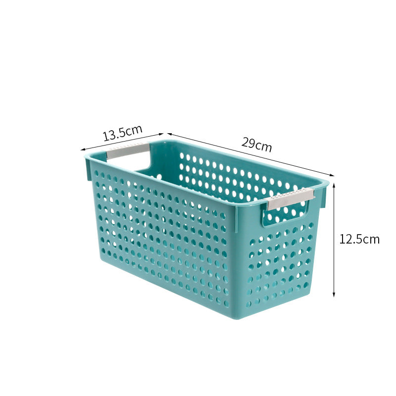 Flat plastic storage box with perforated side wall and grip recesses