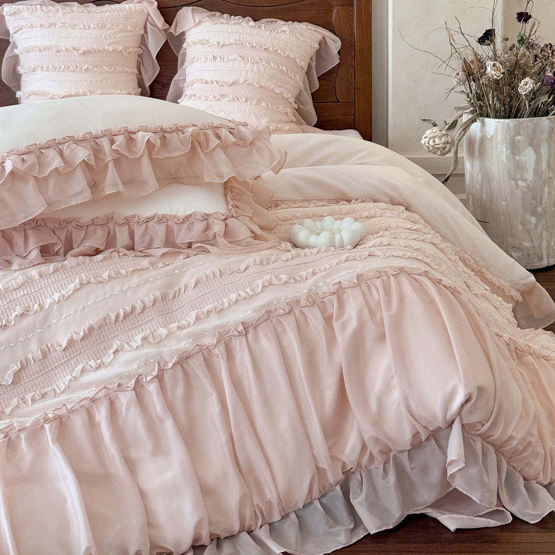 Romantic Layered Ruffle Cotton Duvet Cover Set with Pintuck Texture