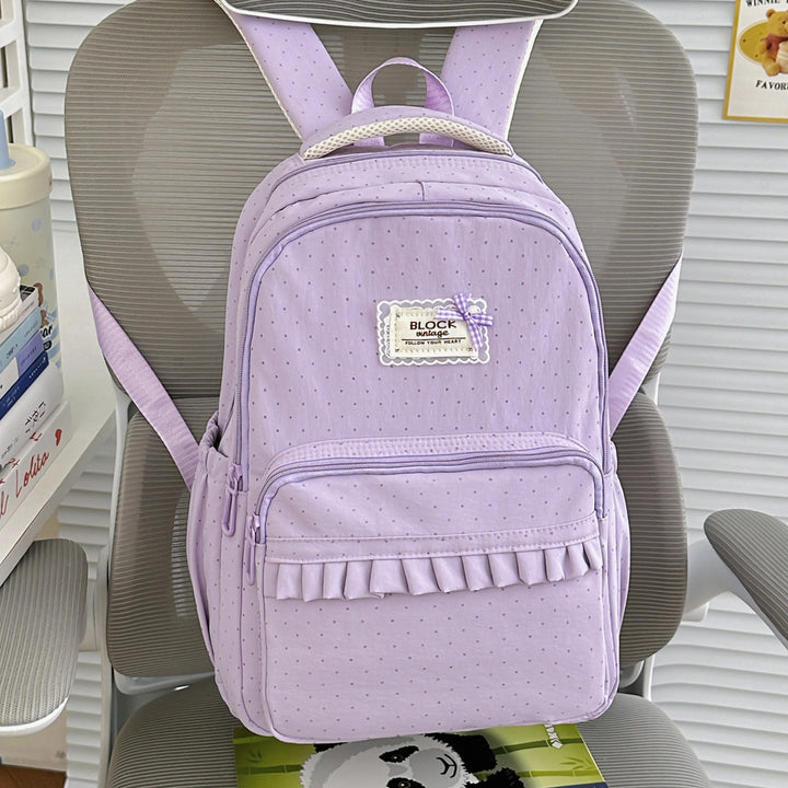 Polka Dot Patterned Backpack with Ruffle Accents Stornfield