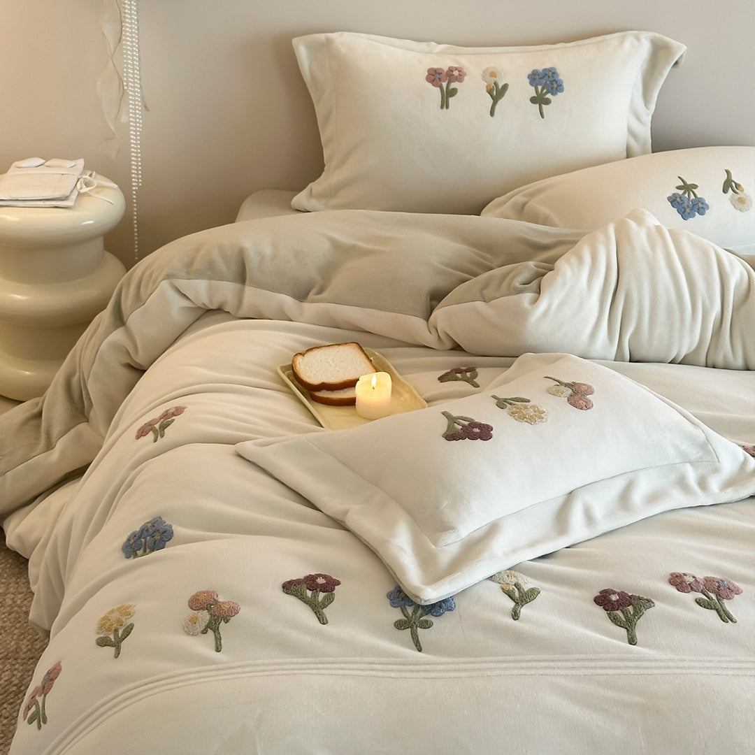 Embroidered Botanical Duvet Cover Set with Piped Edge and Pillow Shams