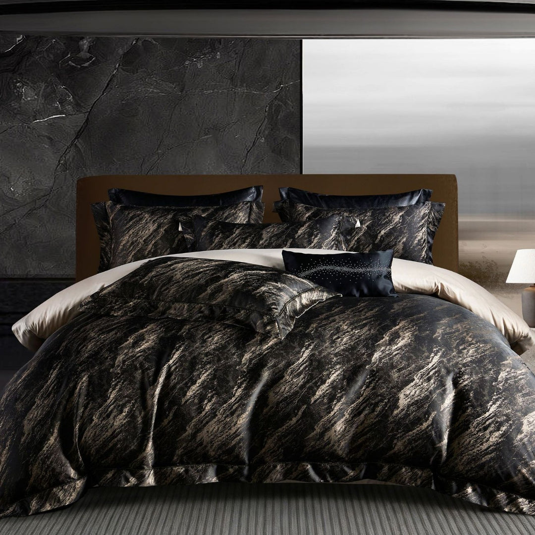 Silky Jacquard Duvet Cover Set with Oxford Hem, Decorative Lumbar Pillow and Envelope Shams
