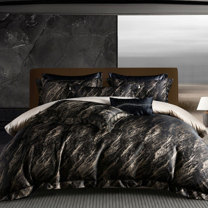 Silky Jacquard Duvet Cover Set with Oxford Hem, Decorative Lumbar Pillow and Envelope Shams