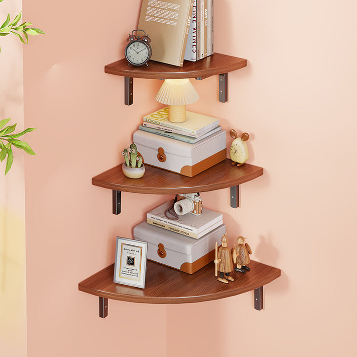 Corner Wall-Mounted Floating Shelf with Rounded Triangular Solid Wood Top and Metal Support Brackets