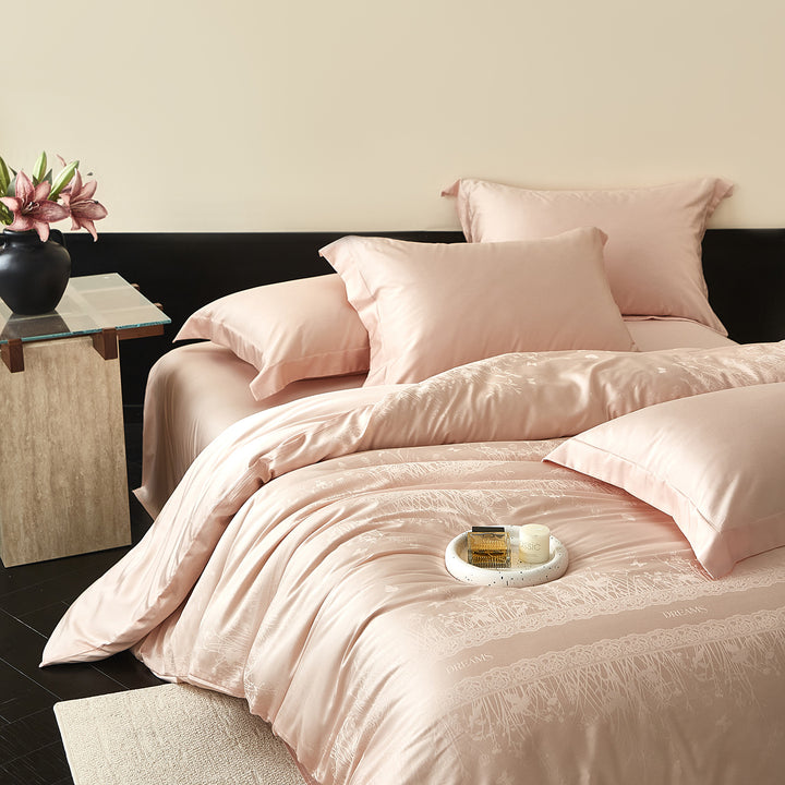 Silky Cotton-Sateen Duvet Cover Set with Subtle Botanical Jacquard & Deep-Pocket Sheet