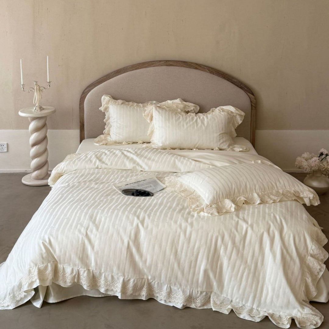 Ruffled Lace-Trim Cotton Sateen Duvet Cover Set