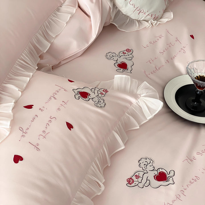 Ruffled Heart-Embroidered Cotton-Sateen Duvet Cover Set with Decorative Heart Cushion