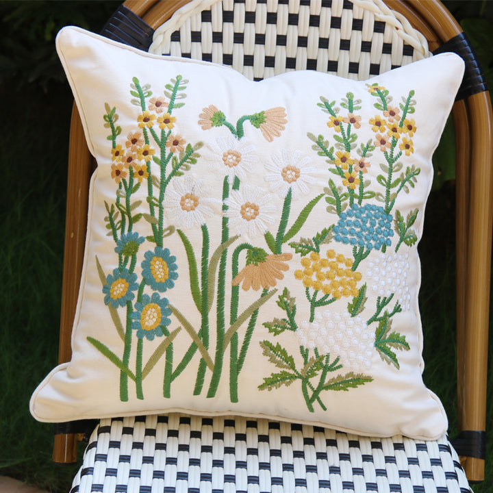 Square cushion cover with hand-embroidered wildflower relief, linen-cotton blend and concealed zipper Stornfield