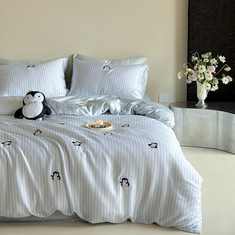 Satin bedding set with silky glossy striped design and subtle panda illustration