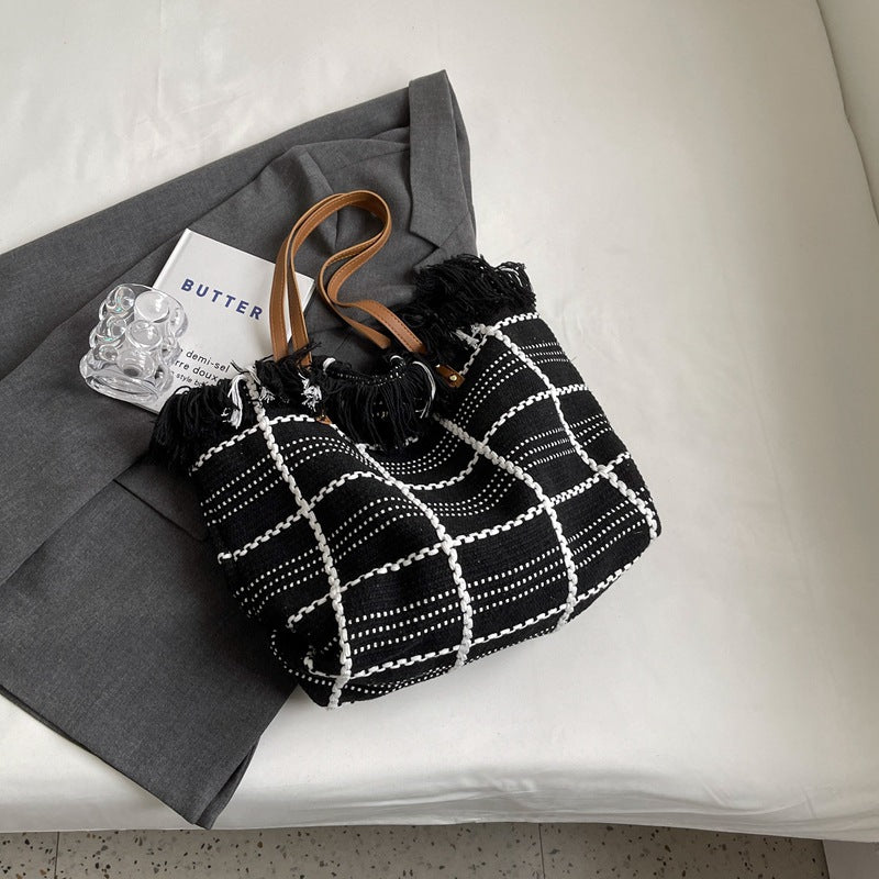 Textured Woven Tote Handbag