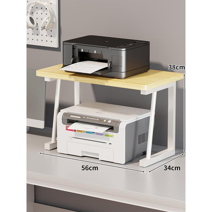 Adjustable Two-Tier Wood-Top Metal-Frame Desktop Printer Stand with Cable Management