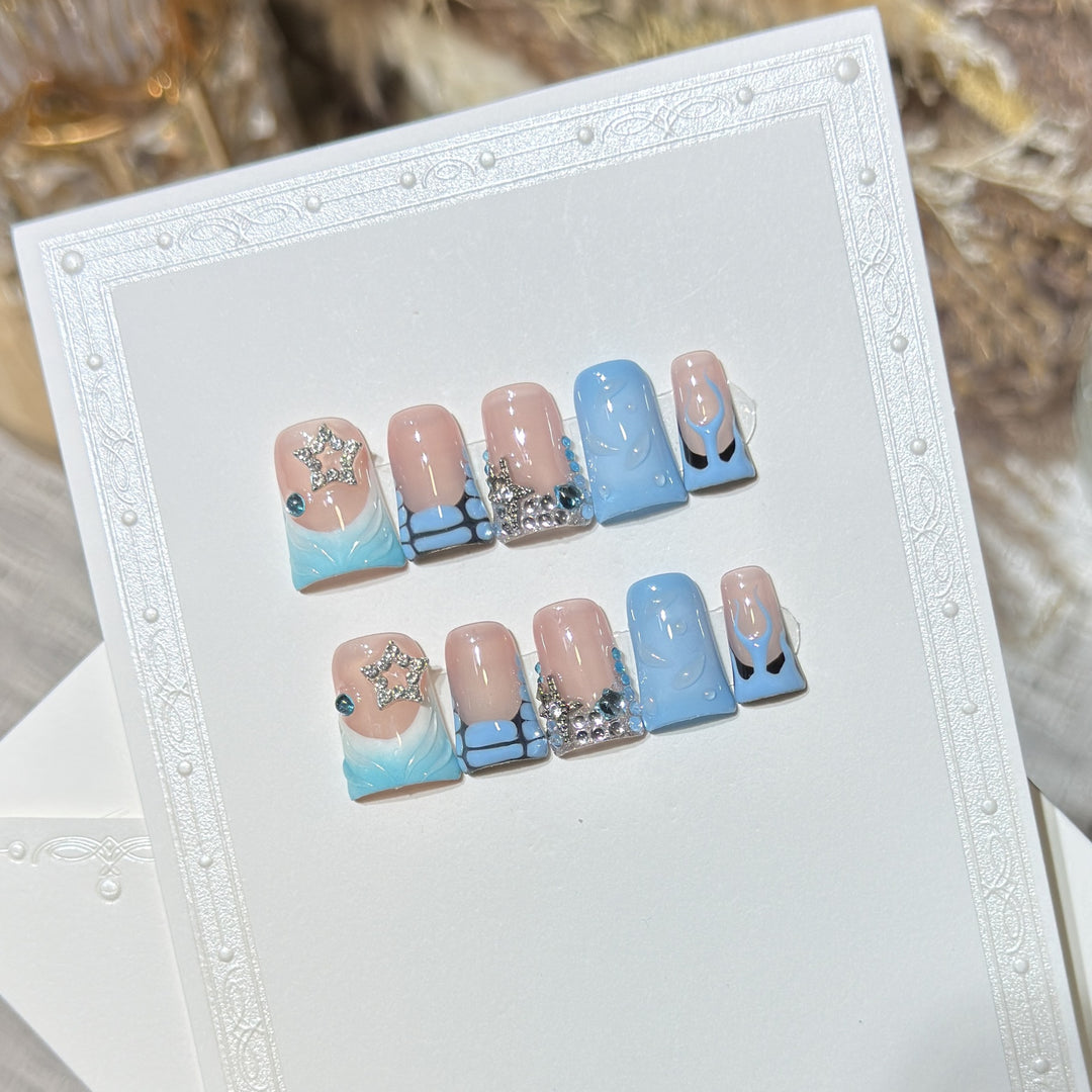 Decorative Press-On Nail Art Set with Ocean-Inspired Design Stornfield
