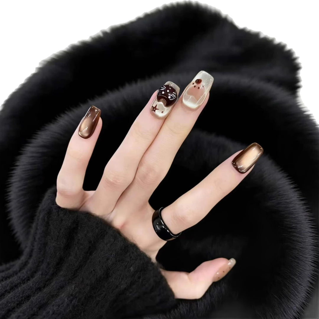 Decorative Press-On Nails with Artistic Cat and Star Designs