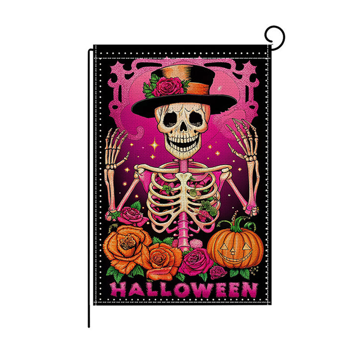 Decorative Double-Sided Halloween Garden Flag with Skeleton Pumpkin and Rose Illustration