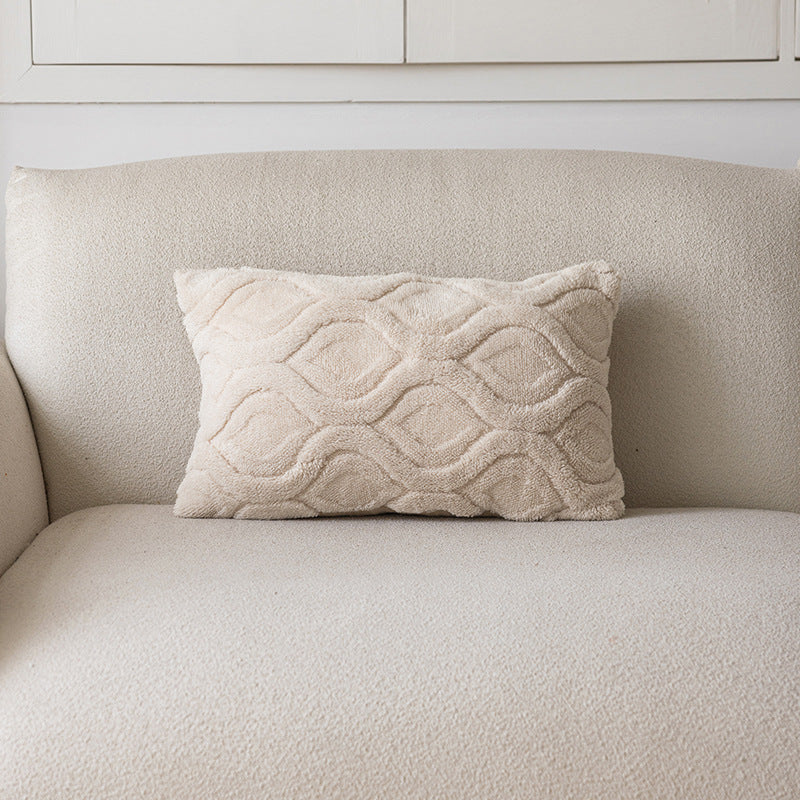 Plush Textured Lumbar Throw Pillow Cover with Embossed Wave Chenille Pattern