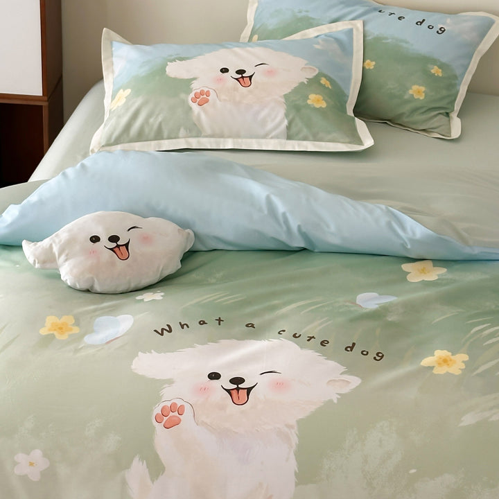 Cartoon Puppy Printed Cotton Sateen Duvet Cover and Pillowcase Set with Piped Edge