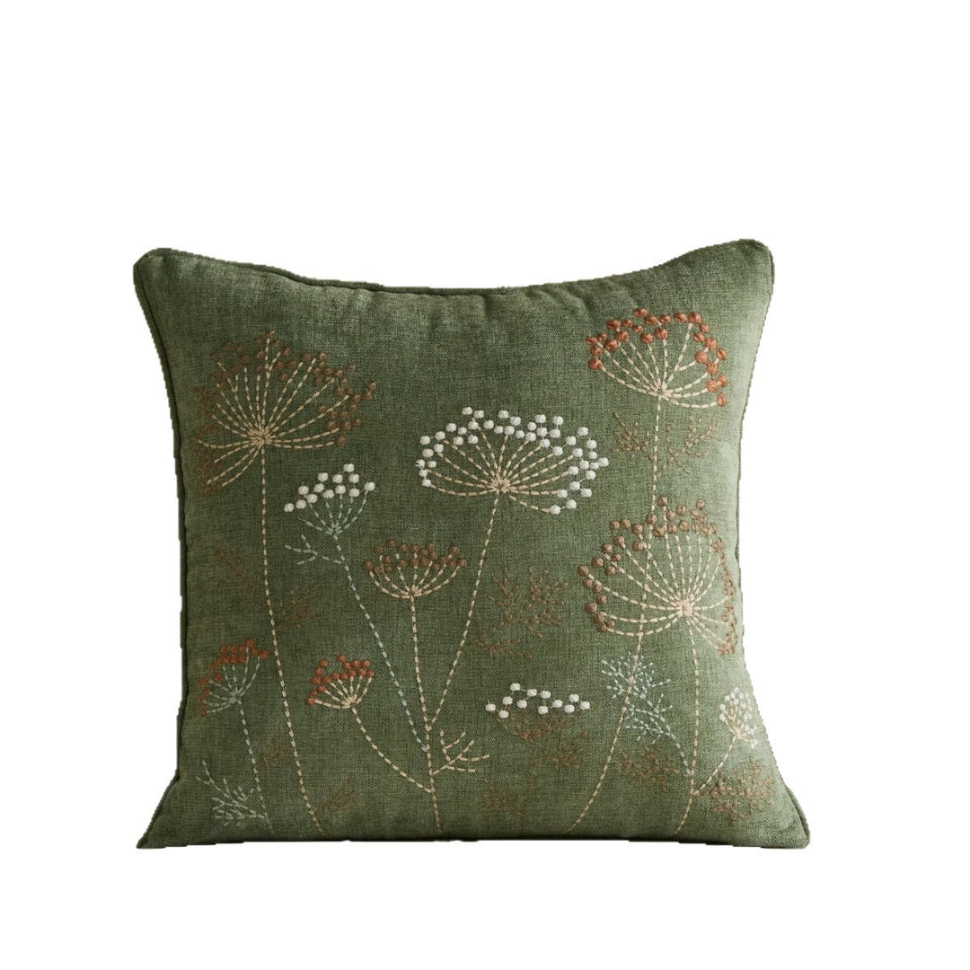 Square Embroidered Botanical Linen-Blend Accent Pillow Cover with Hidden Zipper