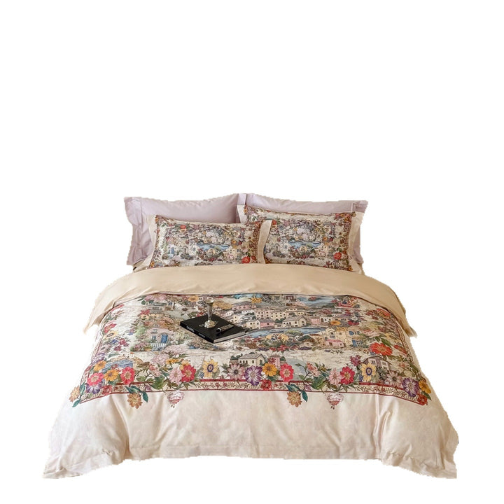 Reversible Cotton Sateen Duvet Cover Set with Romantic Watercolor Village Floral Print and Oxford Pillow Shams