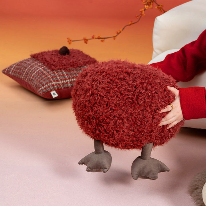 beef plush seat pouf with synthetic fur cover and decorative fabric legs