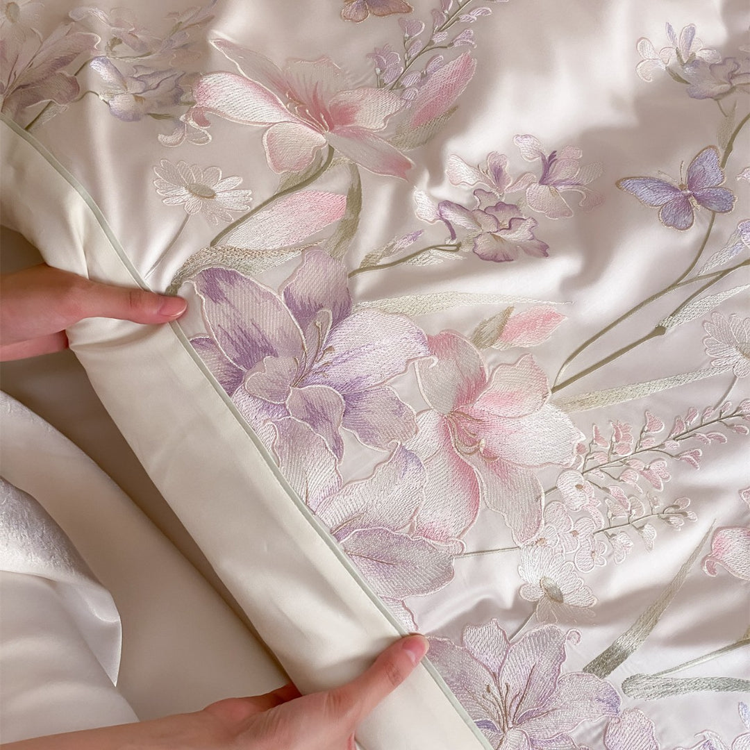 Luxury Satin Floral Embroidered Bedding Set Duvet Cover and Pillowcases