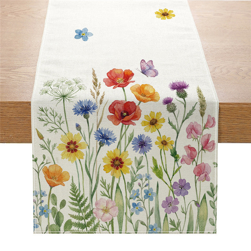 Watercolor Wildflower Cotton-Linen Table Runner with Meadow Botanical Print