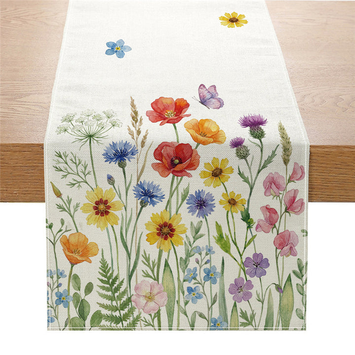 Watercolor Wildflower Cotton-Linen Table Runner with Meadow Botanical Print
