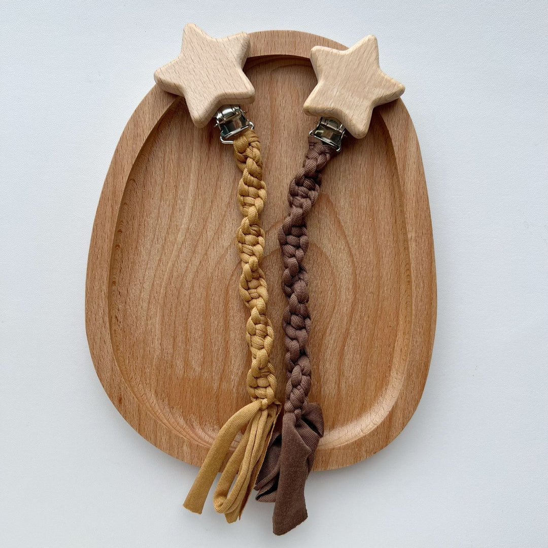 Braided Cotton Pacifier Leash with Wooden Star Safety Clamp