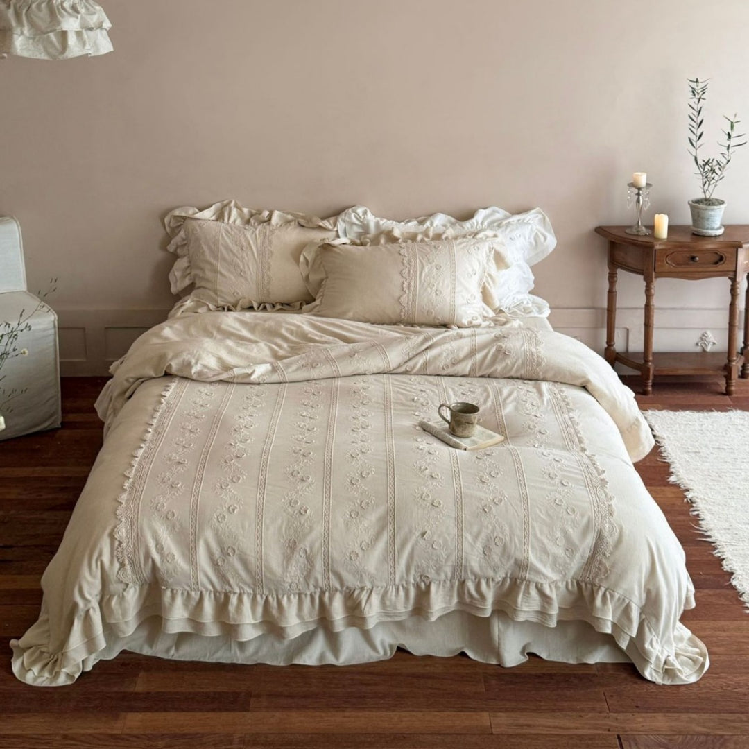 Embroidered Ruffled Cotton Duvet Cover Set