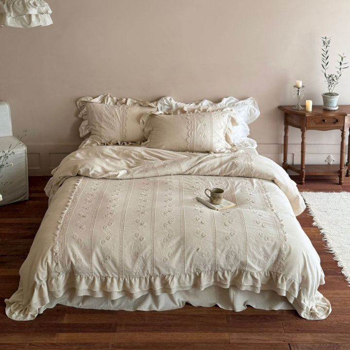 Embroidered Ruffled Cotton Duvet Cover Set