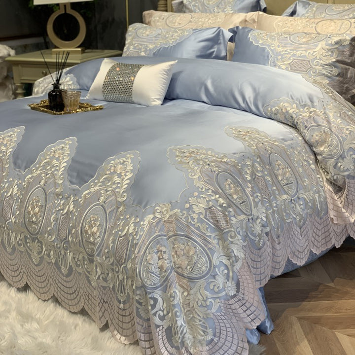 Luxury Embroidered Lace-Trim Duvet Cover Set with Decorative Pillow Shams