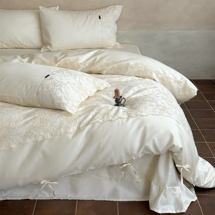 Luxury Embroidered Scalloped-Edge Duvet Cover Set with Bedskirt and Ribbon-Tie Shams
