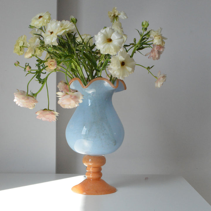 Handblown Ruffled-Rim Bulb-on-Pedestal Art Glass Vase Stornfield