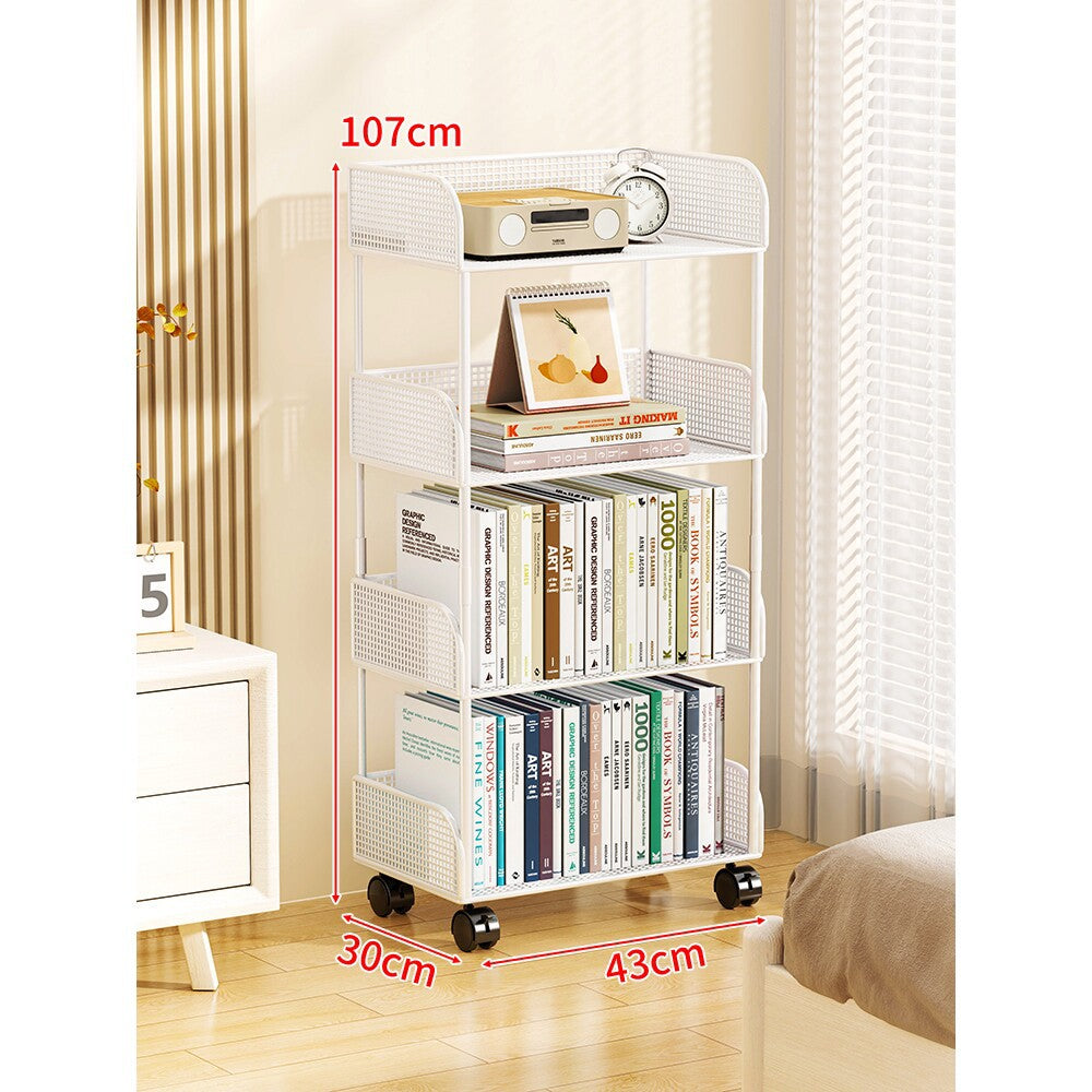 Narrow Mesh Mobile Bookcase with Deep Wire Baskets and Locking Swivel Casters