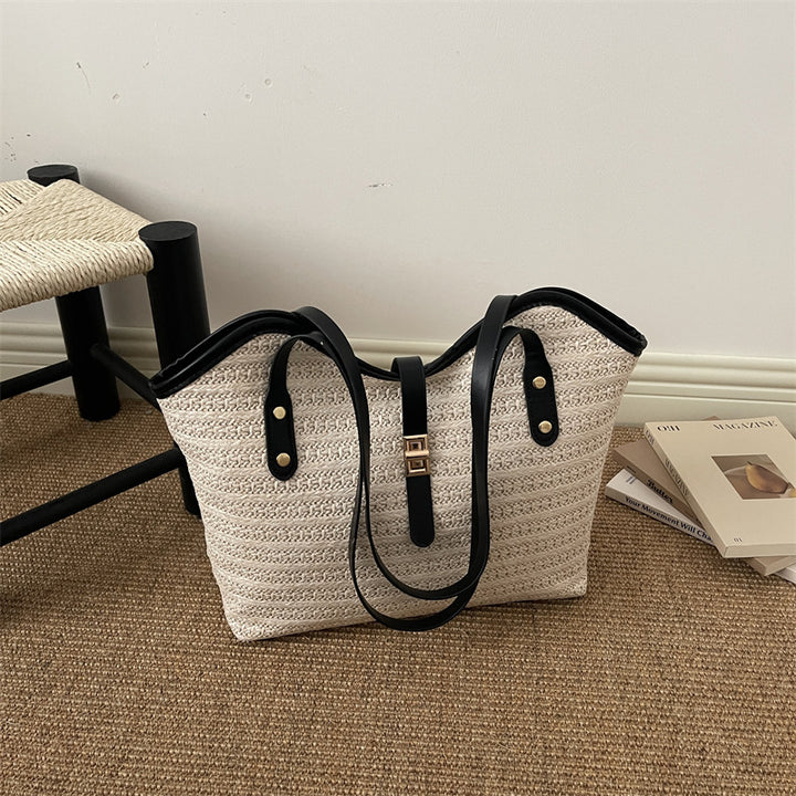 Woven Straw Tote Bag with Leather Accents