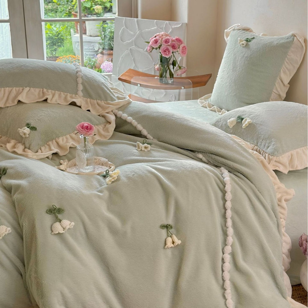Floral Embroidered Ruffled Duvet Cover Set