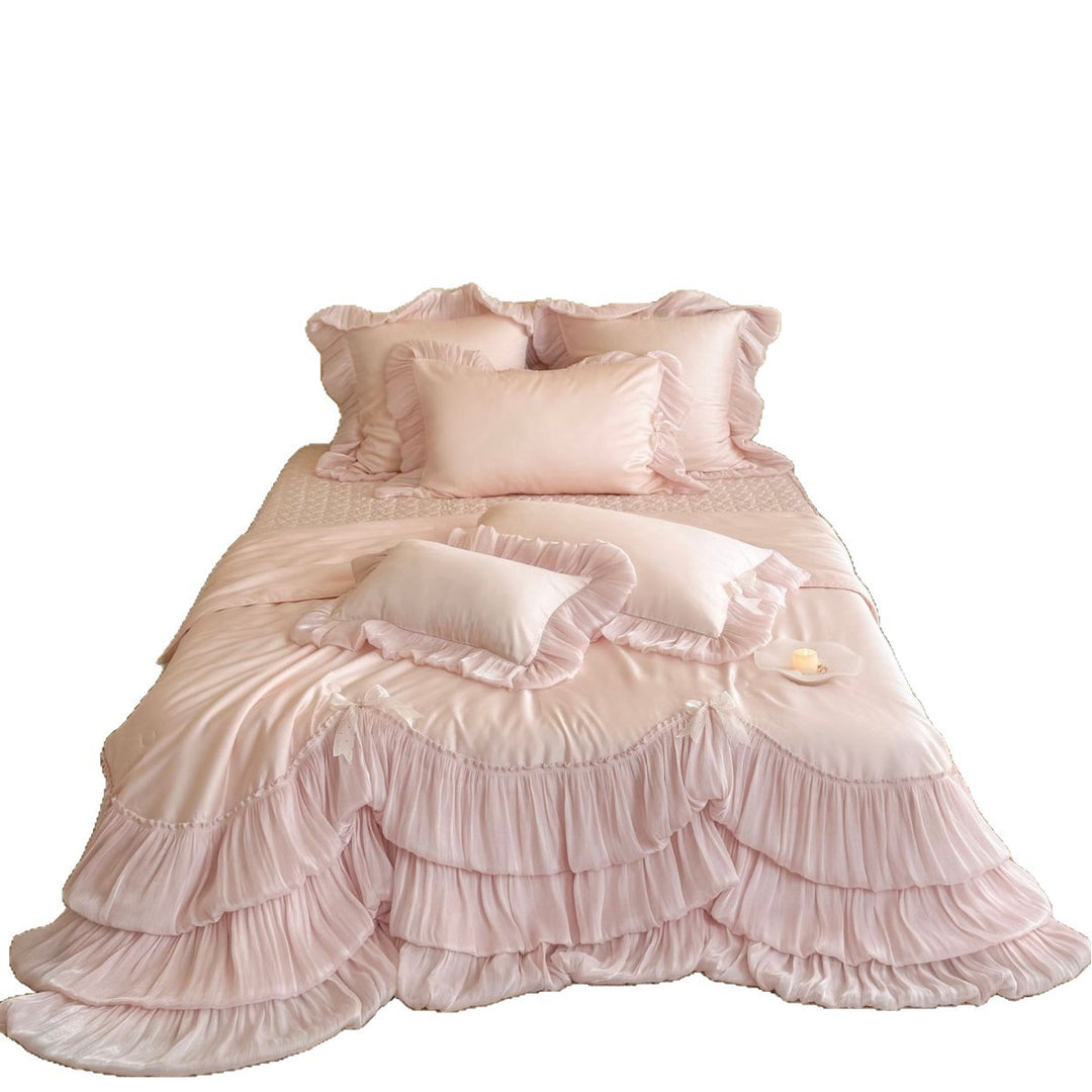 Ruffled Layered Satin Bedspread and Pillow Sham Set with Frilled Edges