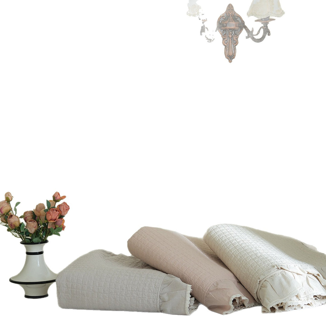 Quilted Cotton Bedspread Set with Ruffled Hem and Lace-Edge Pillow Shams
