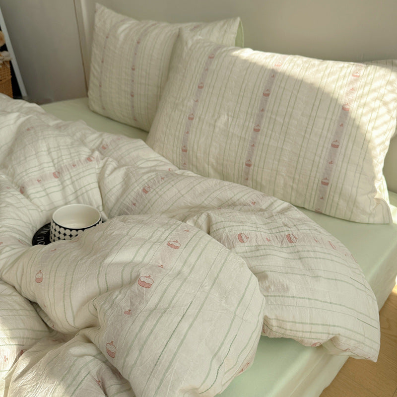 Cotton Washed Stripe Duvet Cover Set with Mini Bear Motif Pillow Shams