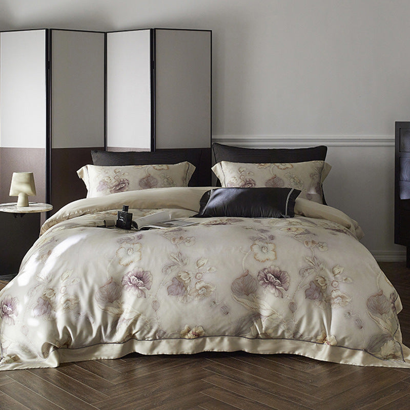 Premium cotton satin duvet cover set with watercolor flower pattern and silky matte touch