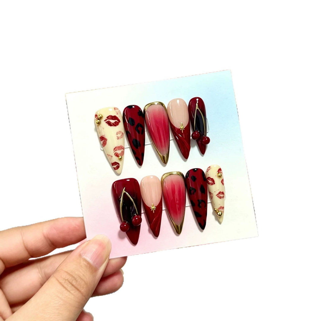 Artistic Press-On Nail Set with Unique Lip and Animal Print Designs