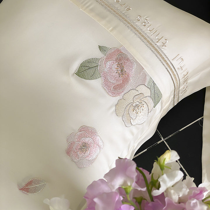 Silk-Blend Botanical Embroidered Duvet Cover Set with Satin Border & Decorative Shams