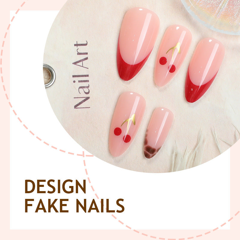 Artificial nail set with fruity cherry design and elegant gradient color Stornfield