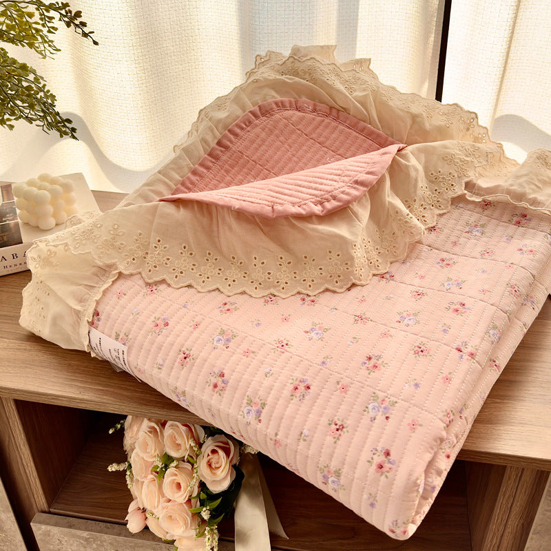 Quilted Floral Reversible Throw Blanket with Eyelet Lace Ruffle