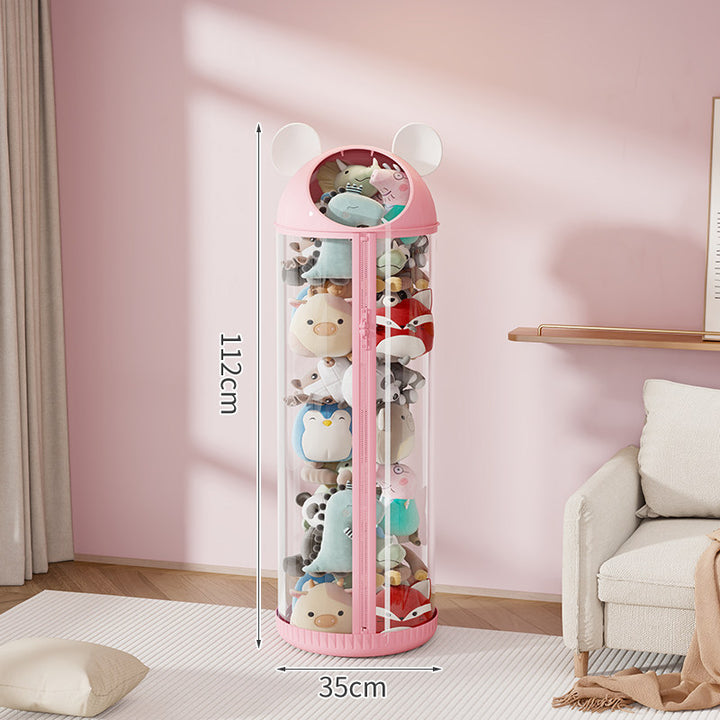 Vertical Clear Cylinder Plush Toy Storage Tower with Divided Shelves and Caster Base