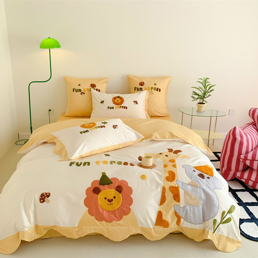 Children's Embroidered Cotton Duvet Cover Set with Animal Appliqué Pillowcases