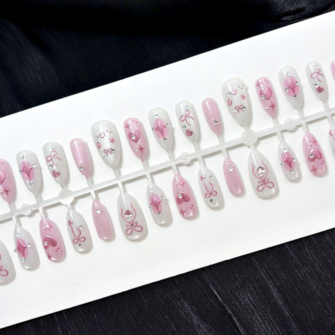 Elegant Press-On Nail Art Set with Gem Accents