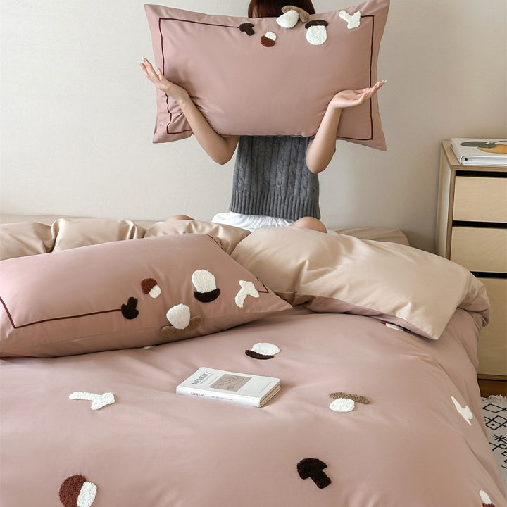 Embroidered Tufted Mushroom Duvet Cover Set with Piped Edge